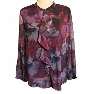 Christopher & Banks Purple, Red and Black Floral Ruffle Blouse